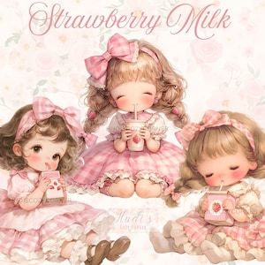 21 schattig peutermeisje dat aardbeienmelk drinkt Clipart, aquarel vintage meisjes in roze zomerjurken, afdrukbare JPG-illustraties