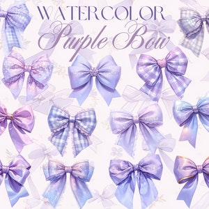 34 Pacote de clipart de laço de guingão roxo fofo, design de laços de seda e renda coquete em aquarela, ilustrações PNG para impressão, uso comercial