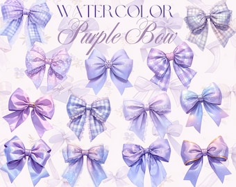 34 Cute Purple Gingham Bow Clipart Bundle, Watercolor Coquette Silk and Lace Bows Design, Printable PNG Illustrations, Commercial Use