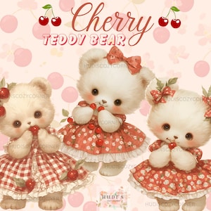 Paquete de 6 imágenes prediseñadas de ositos de peluche vintage con cerezas en vestido, imágenes de acuarela de verano y cerezas, ilustraciones de ositos de guardería, uso comercial