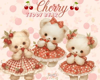 6 Vintage Cherry Teddy Bear In Dress Clipart Bundle, Watercolor Summer and Cherries Images, Nursery Teddies Illustrations, Commercial Use