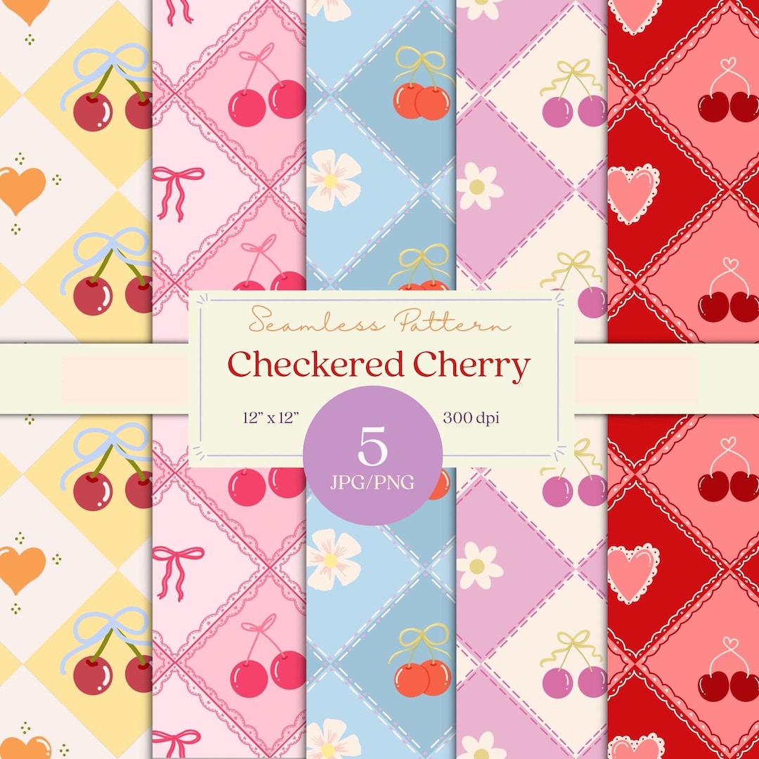 5 Checkered Cherry Digital Paper, Coquette Cherries and Bow, Valentine ...