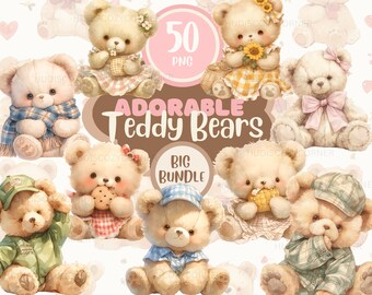 50 Adorable Teddy Bear Clipart Bundle, Baby Bear PNG, Watercolor Nursery And Baby Shower Teddies, Newborn Wall Art, Commercial Use