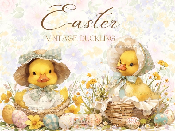 11 Vintage Easter Duckling Clipart, Watercolor Baby Duck JPG Bundle, Spring Flowers Easter Egg Basket, Nursery Art, Commercial Use