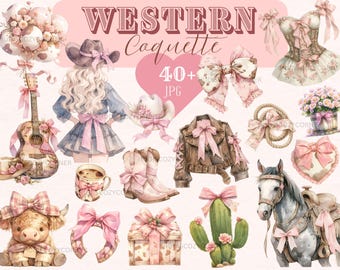 44 Western Coquette Clipart, Watercolor Coquette Cowgirl Aesthetic, Printable JPG Pink Cowgirl Illustration, Junk Journal, Commercial Use