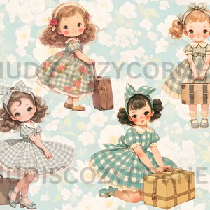 18 Clipart de garota viajante vintage, garota de verão em vestido xadrez menta e mala, artesanato de papel PNG para viagem para impressão, álbum de recortes, diário de lixo eletrônico imagem 5