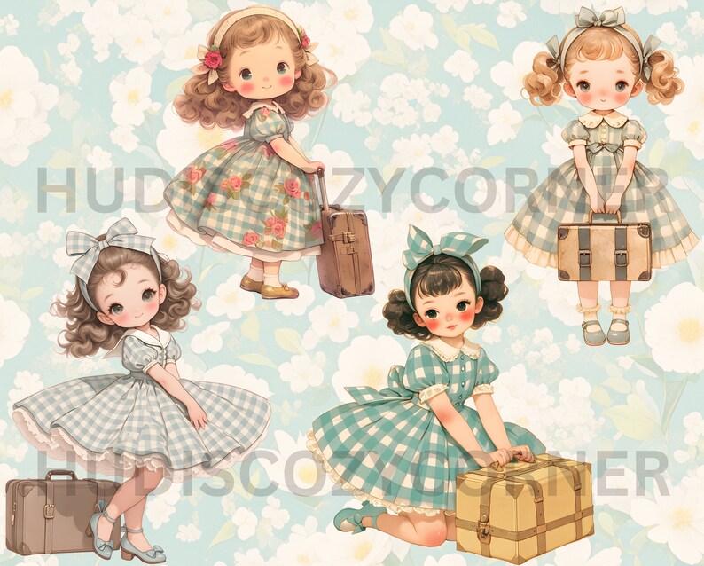 18 Clipart de garota viajante vintage, garota de verão em vestido xadrez menta e mala, artesanato de papel PNG para viagem para impressão, álbum de recortes, diário de lixo eletrônico imagem 5