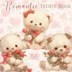 18 Valentine’s Day Cute Teddy Bear with Roses Clipart, Watercolor Romantic Teddies, Printable JPG Red and Pink Valentines Image, Card Making