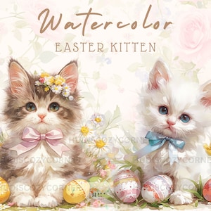 Lot de 8 cliparts mignon chaton de Pâques, fleurs de printemps, oeuf de Pâques et chats graphiques JPG, téléchargement immédiat aquarelle, usage commercial