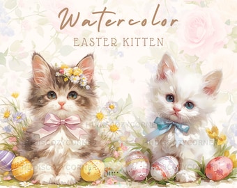 8 Cute Easter Kitten Clipart Bundle, Spring Flowers, Easter Egg And Cats JPG Graphics, Watercolor Instant Download, Commercial Use