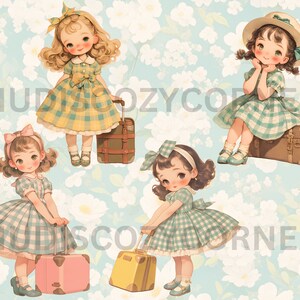 Pode incluir: Quatro meninas com vestidos xadrez vichy e malas combinando. As meninas usam la&ccedil;os no cabelo e t&ecirc;m malas de diferentes cores. O fundo &eacute; azul claro com flores brancas.