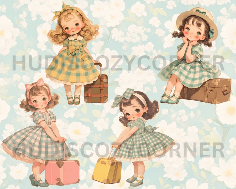 Pode incluir: Quatro meninas com vestidos xadrez vichy e malas combinando. As meninas usam la&ccedil;os no cabelo e t&ecirc;m malas de diferentes cores. O fundo &eacute; azul claro com flores brancas.