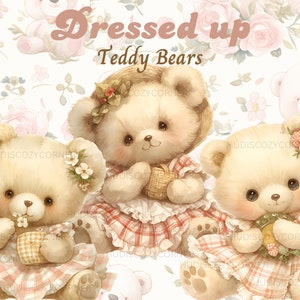 Lot de 12 cliparts mignon ours en peluche déguisé, images imprimables aquarelle pour chambre d'enfant ours en peluche, illustrations PNG, baby shower, créations en papier