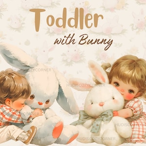 10 set di clipart vintage per bambini con coniglietto, bambina e bambino con coniglietti, immagini PNG per asili nido e baby shower, artigianato digitale con carta