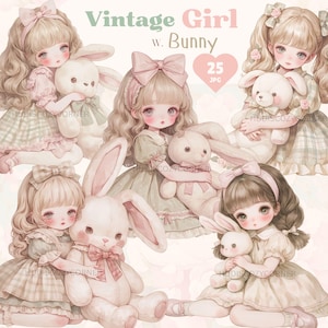 25 Vintage Mädchen mit Hase Clipart Bundle, Aquarell Pastell Kleinkind mit Hasen, JPG Kinderzimmer und Babyparty Bilder, digitales Papiermodell