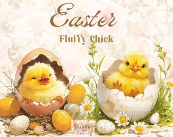 9 Fluffy Easter Hatching Chick Clipart, Spring Flowers And Eggs, Watercolor Cute Little Chicks JPG Images For Paper craft And Junk Journals