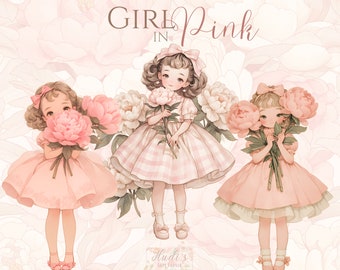 11 Girl in Pink Dress with Peonies Clipart Bundle, Watercolor Vintage Little Girls in Pastel Summer Dresses, Printable PNG Nursery Images