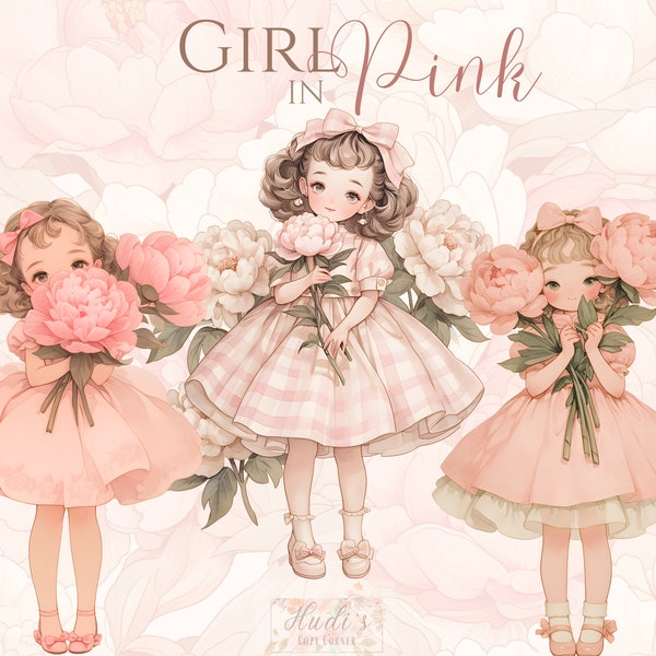 11 Girl in Pink Dress with Peonies Clipart Bundle, Watercolor Vintage Little Girls in Pastel Summer Dresses, Printable PNG Nursery Images