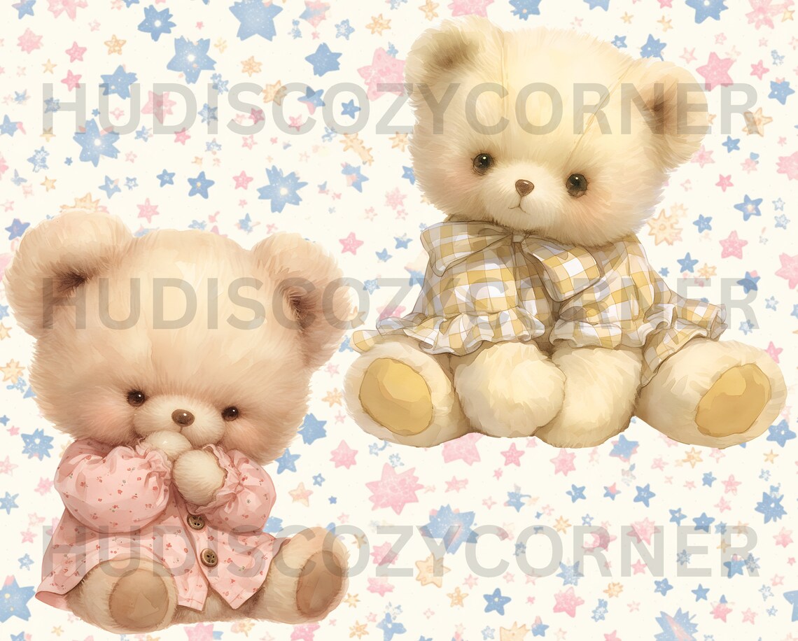 12 Teddy Bear in Pajama Clipart Bundle, Watercolor Baby Teddy in Pink ...