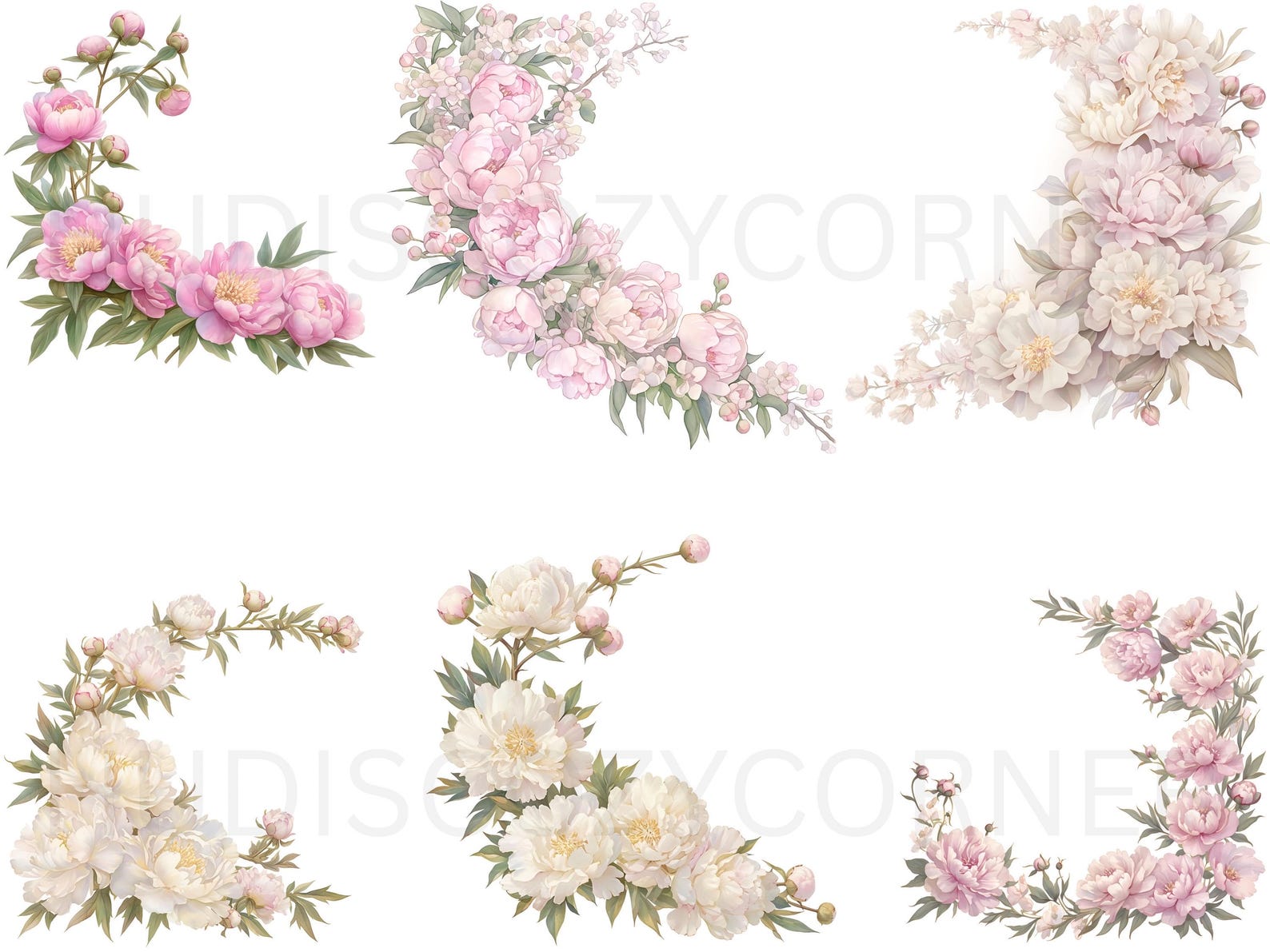 37 Soft White and Pink Peony Floral Border Clipart, Watercolor Peonies ...