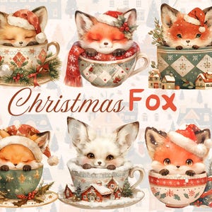 19 Renard de Noël dans une tasse Clipart, aquarelle mignon vintage art boisé pour chambre d'enfant, image imprimable hiver PNG, créations en papier, journal indésirable