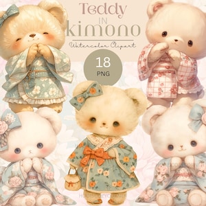 18 Teddy Bear in Kimono Clipart Bundle, Słodkie akwarelowe misie dla dzieci, Wydrukuj wiosenny PNG, Clipart dla dzieci, Dziennik śmieci, Wykorzystanie komercyjne