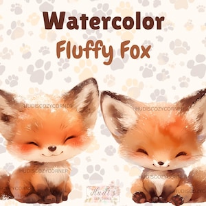 5 Cute Fluffy Baby Fox Clipart Bundle, Watercolor Woodland Nursery Art, Printable PNG Image, Paper crafts, Junk journal, Commercial Use