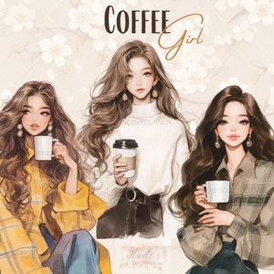 20 Coffee Girl Clipart Bundle, Watercolor Light Academia Girl con caffè, Coffee Lover JPG, Junk Journal, Digital Planner, Card Making