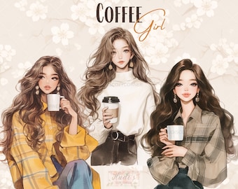 Pacote de 20 clipart de Coffee Girl, Academia de luz aquarela com café, JPG amante de café, diário de lixo, planejador digital, criação de cartões