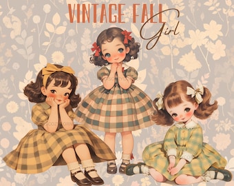 26 Vintage Fall Girl Clipart Bundle, Cute Watercolor Girls In Autumn Dress, Printable PNG For Paper Crafts, Scrapbooking, Junk Journal