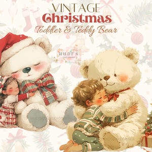 21 imágenes prediseñadas navideñas vintage de niño con osito de peluche, niña y niño en acuarela con un osito de peluche grande, paquete de imágenes prediseñadas navideñas, pegatinas digitales, manualidades de papel