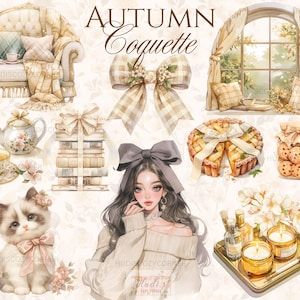 17 herfst coquette esthetiek clipartbundel, aquarel vintage beige cottage kernafbeeldingen, afdrukbare JPG voor Junk Journal, digitale planner