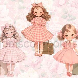 May include: Three dolls wearing pink and white gingham dresses and carrying vintage suitcases. The dolls have brown hair and are standing on a pink floral background.