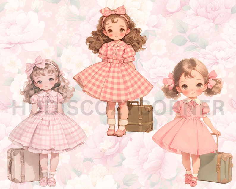 May include: Three dolls wearing pink and white gingham dresses and carrying vintage suitcases. The dolls have brown hair and are standing on a pink floral background.