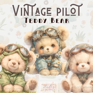 Lot de 14 cliparts pilote vintage ours en peluche, peluche aviateur aquarelle, autocollant numérique PNG imprimable, Images déco de chambre d'enfant, usage Commercial