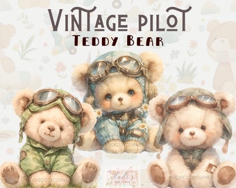 14 Vintage Pilot Teddy Bear Clipart Bundle, Watercolor Aviator Teddy, Printable PNG Digital Sticker, Nursery Decor Images, Commercial Use