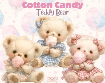 11 Teddy Bear Eating Cotton Candy Clipart Bundle, Watercolor Pink and Blue Dressed Teddies With Sweets, PNG Digital Download, Commercial Use