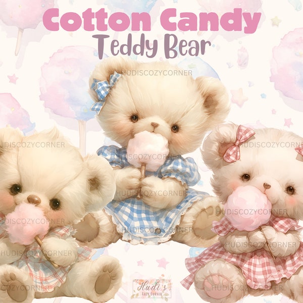 11 Bundle de cliparts ours en peluche mangeant de la barbe à papa, aquarelle rose et bleu habillé nounours avec des bonbons, téléchargement numérique PNG, usage Commercial