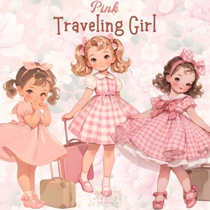 12 imágenes prediseñadas de chica viajera rosa vintage, chica de verano con vestido rosa y maleta, manualidades de papel PNG de viaje imprimibles, álbum de recortes, diario basura