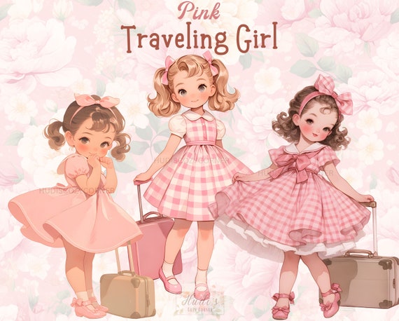 12 Vintage Pink Traveling Girl Clipart, Summer Girl In Pink Dress and Suitcase, Printable Travel PNG Paper Crafts, Scrapbook, Junk Journal