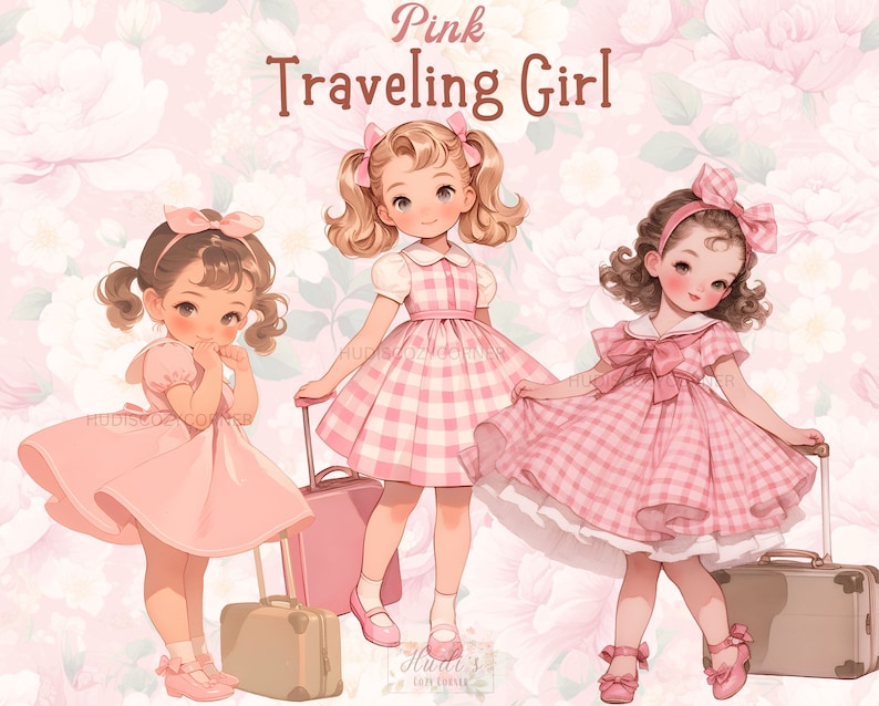May include: Three girls in pink gingham dresses with matching pink bows in their hair. Each girl is holding a suitcase and smiling. The background is a pink floral pattern.