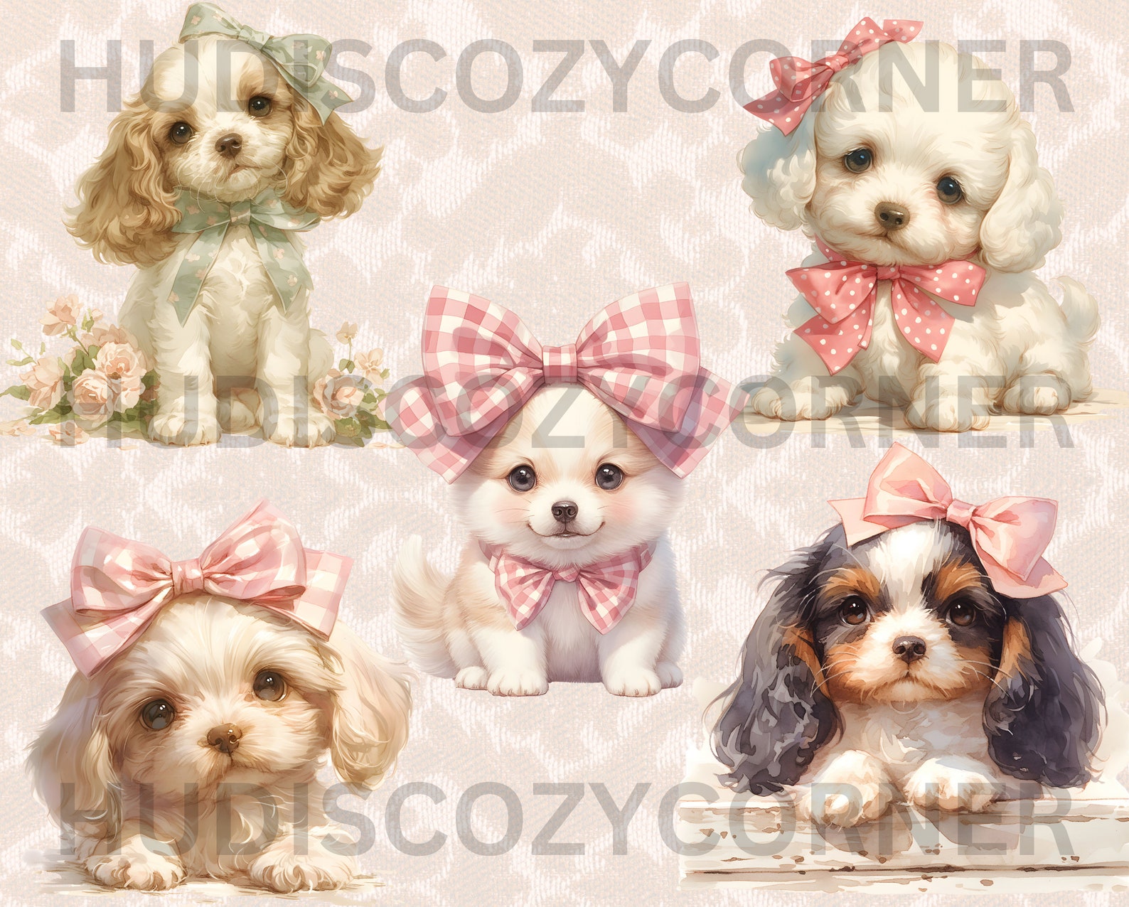 36 Cute Puppy With Bow Clipart Bundle, Watercolor Vintage Puppies ...