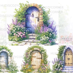 11 Magical Floral Doors Watercolor Clipart, Storybook Illustrations, Junk Journal High Quality JPG, Instant Digital Download, Commercial Use