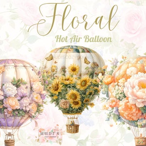 15 Vintage Hot Air Balloon Clipart Bundle, Floral Watercolor Nursery Decor, Flower Baby Shower, Printable PNG, Collage, Commercial Use