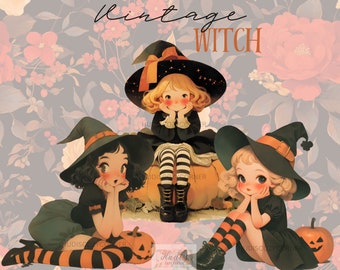 14 Vintage Witch Clipart Bundle, Watercolor Orange and Black Halloween, Printable Cute Witches Images, Magical Clip art, Commercial Use