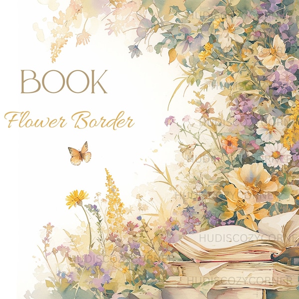 11 Watercolor Floral Book Border Clipart, Watercolor Flower Books Corner Bundle, Printable JPG Images, Stationery Borders, Commercial Use