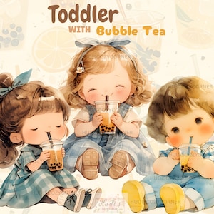 14 Kleinkind trinken Bubble Tea Clipart Bundle, Aquarell Sommer Jungen und Mädchen, druckbare PNG Illustrationen, Kinderzimmer Dekor, kommerzielle Nutzung