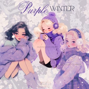 21 Clipart fille hiver romantique violet doux, filles aquarelles confortables en pull lilas, autocollants numériques PNG imprimable, scrapbooking