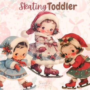 17 Pequenas Meninas de Natal Patinando Clipart, Aquarela Bonitinha Vintage Criança, Imagem de Patinação no Gelo de Inverno, Pacote PNG de Férias para Imprimir
