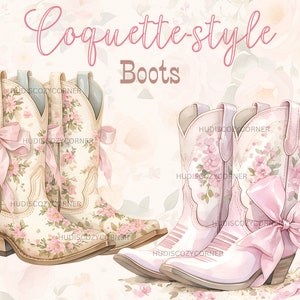 May include: A pair of pink and white cowboy boots with floral patterns and pink bows. The boots are on a white background with a floral pattern.